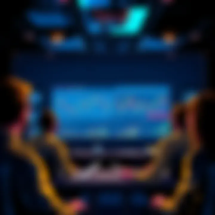 Crypto Discussion Group A group of people discussing cryptocurrency trends with charts and graphs on a screen