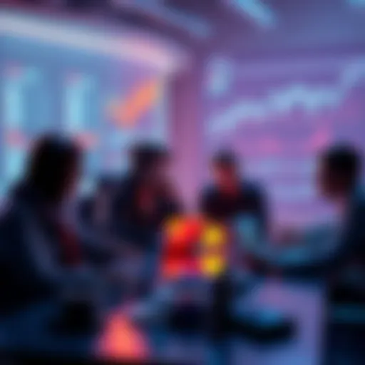 A group of people discussing cryptocurrency with laptops and charts in front of them.