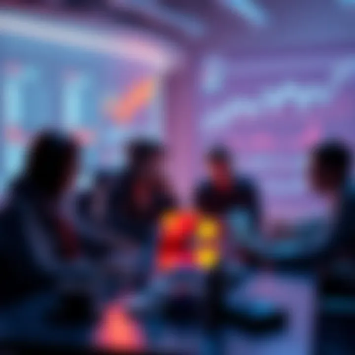 A group of people discussing cryptocurrency with laptops and charts in front of them.