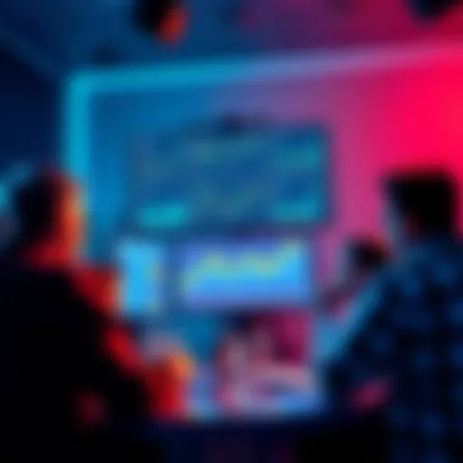 A group of people engaging in a lively conversation about cryptocurrency trends and tips, with charts and graphs displayed on screens.