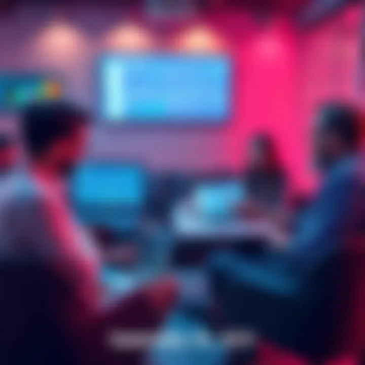 A group of people discussing cryptocurrency with laptops and smartphones in a relaxed setting, showing charts and graphs on screens.