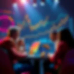 A group of people discussing cryptocurrency topics, surrounded by charts and digital coins