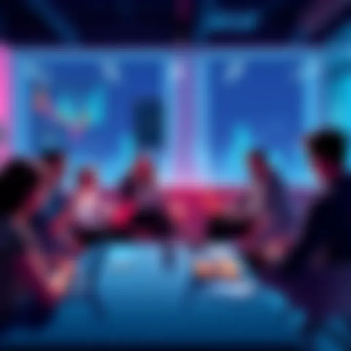 A group of people discussing cryptocurrency in a casual setting, with laptops and charts visible.