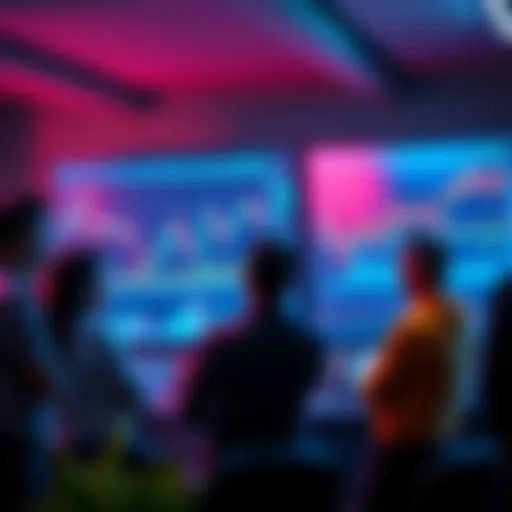 A group of people discussing cryptocurrency with charts and graphs on a screen