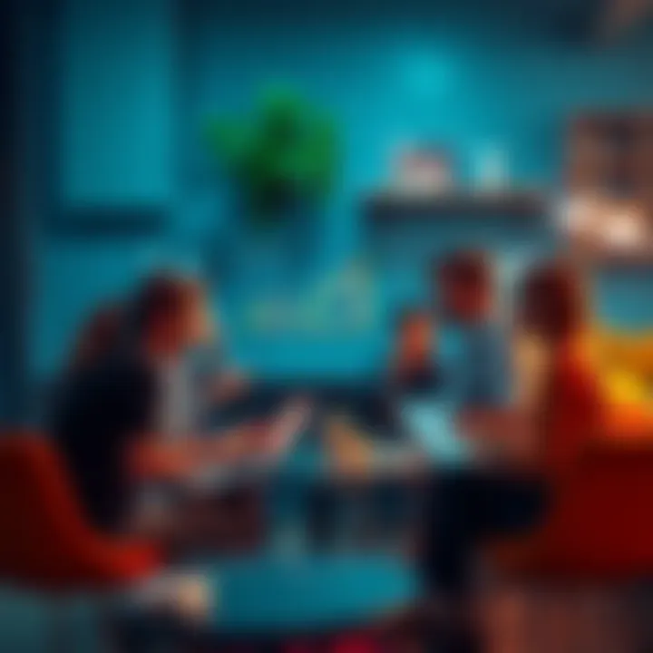A group of people discussing cryptocurrency with charts and laptops in a casual setting