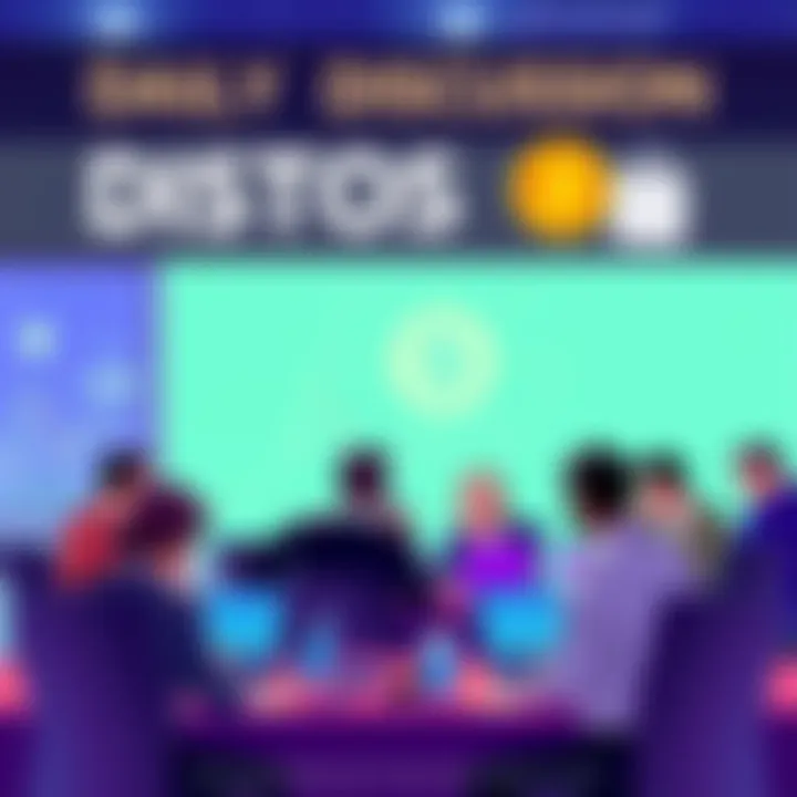 Illustration of a group of people discussing cryptocurrency with charts and laptops, emphasizing caution and secure investing practices.