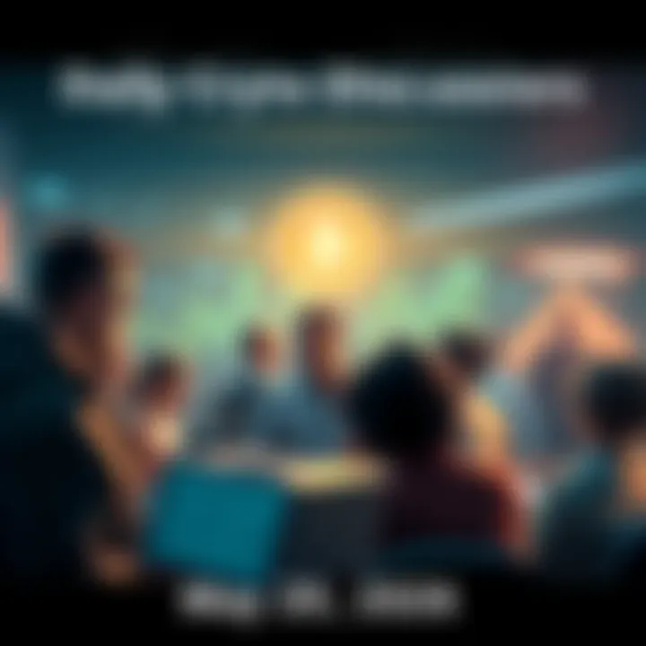 People discussing cryptocurrency A group of people engaged in a conversation about cryptocurrency trends and tips
