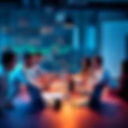 A group of diverse people discussing cryptocurrency at a table with laptops and charts, emphasizing safe trading practices.