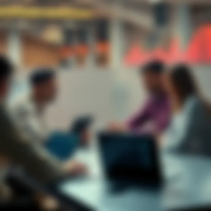 A group of people discussing cryptocurrency trends and tips at a table with laptops and charts.