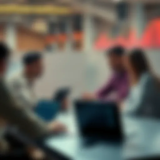Crypto Discussion Participants A group of people discussing cryptocurrency trends and tips at a table with laptops and charts.