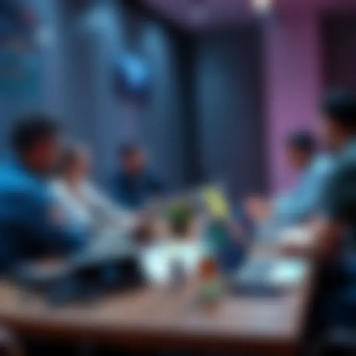 A group of people engaged in discussing cryptocurrency strategies around a table with laptops and charts.