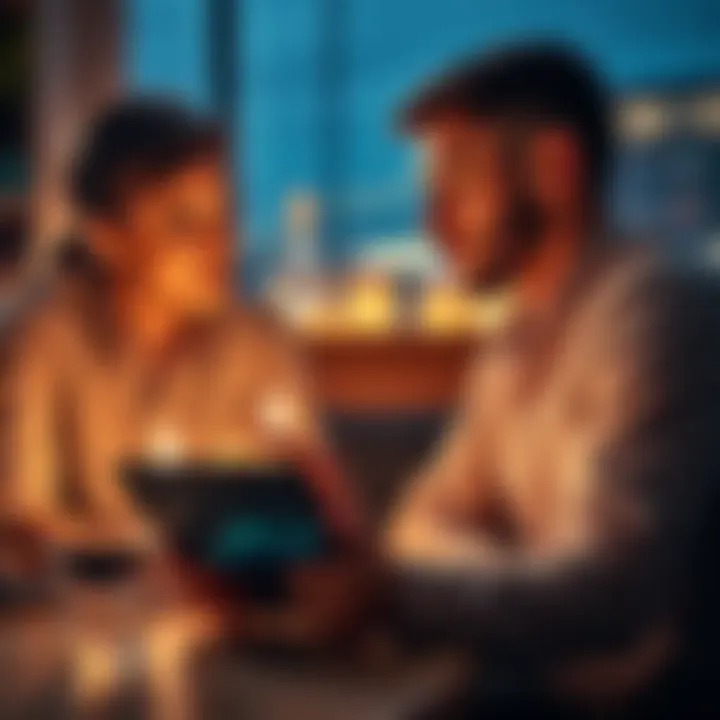 A couple discussing cryptocurrency assets during a divorce, with charts of Bitcoin and Ethereum displayed on a tablet.