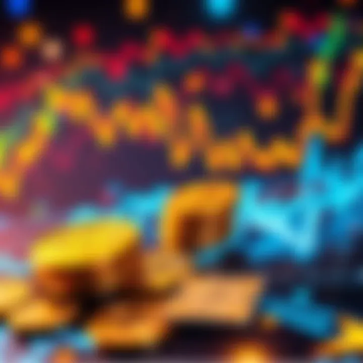 An abstract representation of cryptocurrency trends with graph lines and coins, symbolizing dollar-cost averaging.