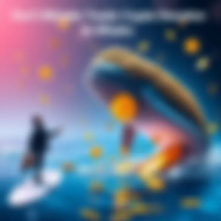 A graphic showing a person sending cryptocurrency to a large whale-shaped figure, symbolizing big crypto holders, with smaller coins scattered around.