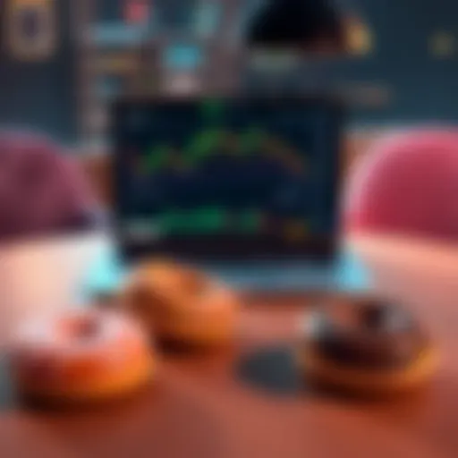 A table with donuts and a laptop displaying cryptocurrency charts, symbolizing a lively discussion on crypto and donuts.