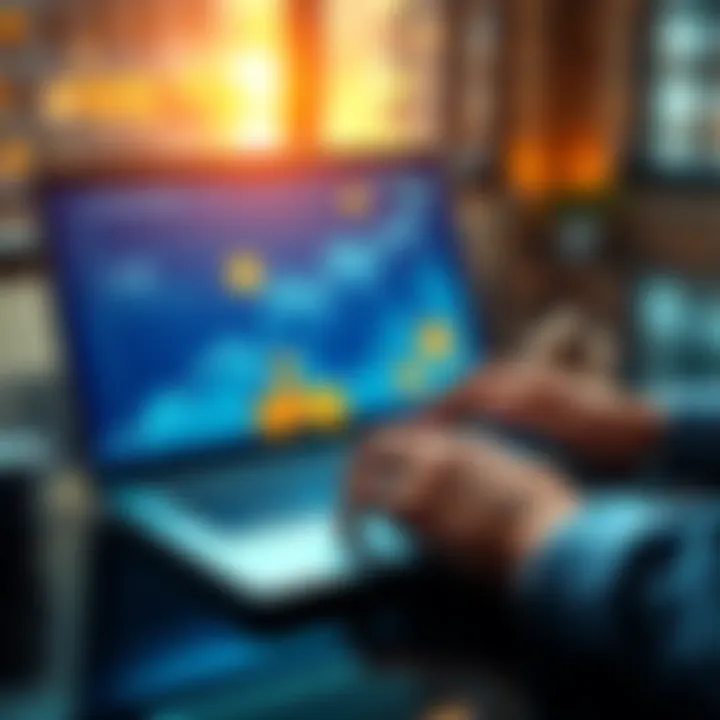 A person reviewing cryptocurrency earnings on a laptop with graphs showing upward trends and symbols of popular cryptocurrencies like Bitcoin and Ethereum.