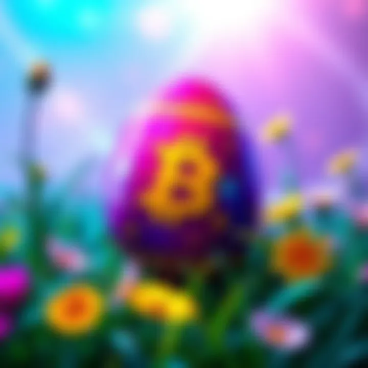 A colorful Easter egg with crypto symbols hidden among grass and flowers, representing the BitMart Easter Hunt event.