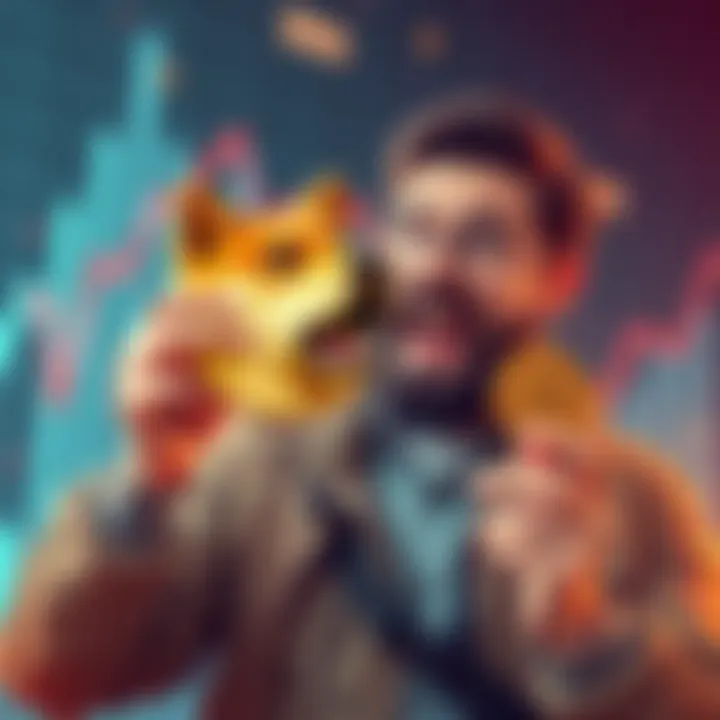 A man holding Dogecoin coins, excited about increasing his holdings, with a digital graph showing rising cryptocurrency trends in the background.