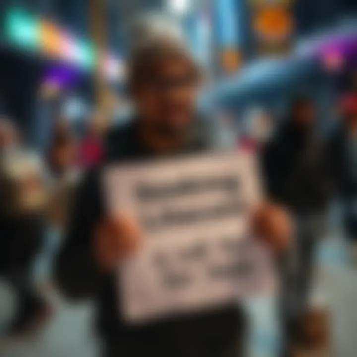 A person holding a sign asking for Litecoin donations with a grateful expression, set in a community environment.