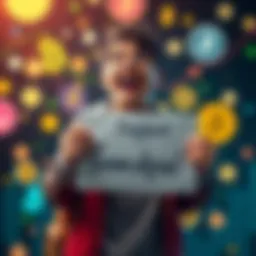A young crypto enthusiast passionately advocating for a market crash at 59k, holding a sign that reads 'Support Grandpa!' amid digital currency symbols in the background.