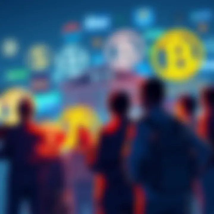 Group of crypto enthusiasts discussing financial trends with big bank logos in the background