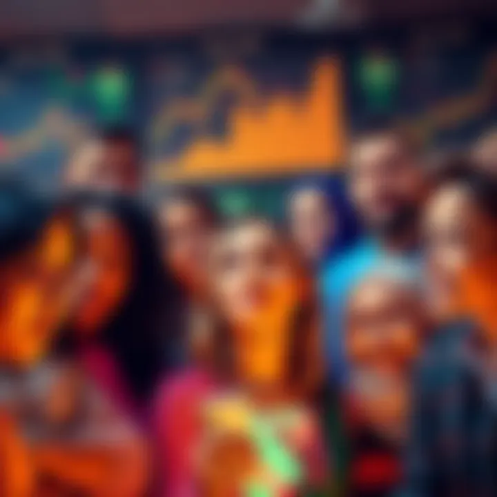 A group of diverse people discussing cryptocurrency trends, showing different facial expressions reflecting excitement and skepticism, with charts and graphs in the background.