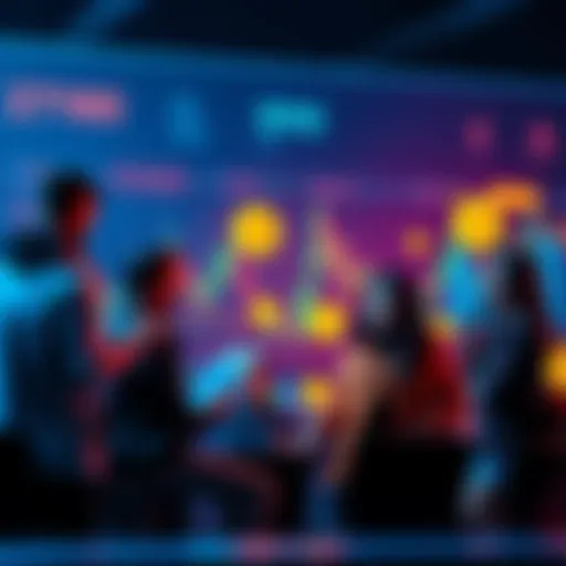 Group of crypto enthusiasts discussing on a new online community platform with charts and digital currency icons in the background