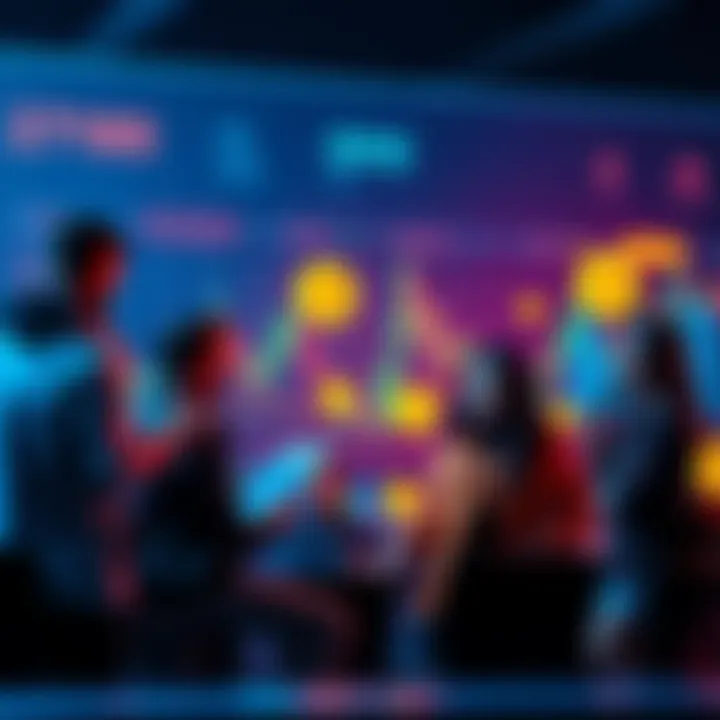Group of crypto enthusiasts discussing on a new online community platform with charts and digital currency icons in the background