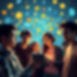 A group of young people looking at digital currency charts, appearing excited and confused, surrounded by symbols of various cryptocurrencies.
