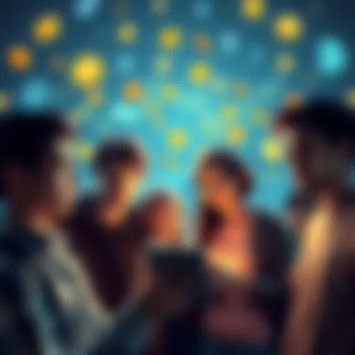 A group of young people looking at digital currency charts, appearing excited and confused, surrounded by symbols of various cryptocurrencies.