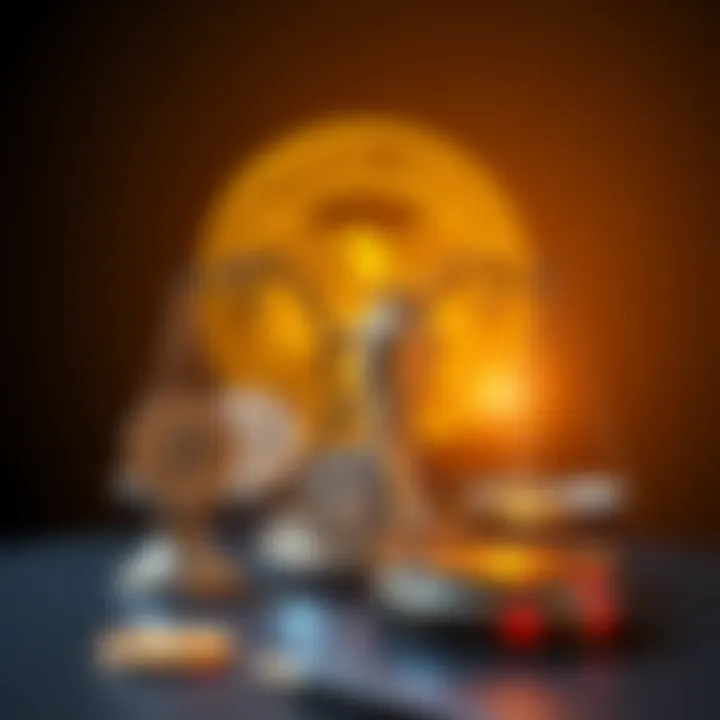 A graphic showing various cryptocurrency symbols with a gavel and scales, symbolizing SEC review of ETFs