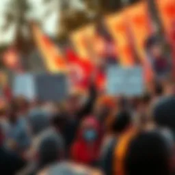 A group of passionate individuals holding signs promoting Bitcoin and cryptocurrencies at a lively outdoor rally, surrounded by banners and a cheering crowd.