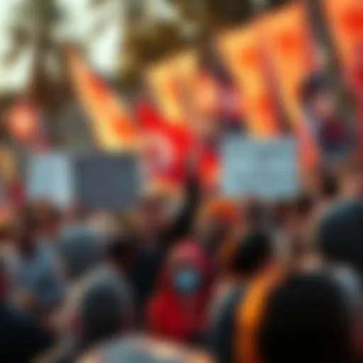 A group of passionate individuals holding signs promoting Bitcoin and cryptocurrencies at a lively outdoor rally, surrounded by banners and a cheering crowd.