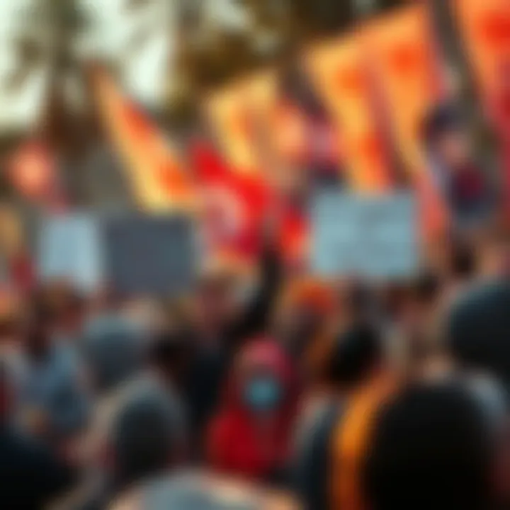 A group of passionate individuals holding signs promoting Bitcoin and cryptocurrencies at a lively outdoor rally, surrounded by banners and a cheering crowd.
