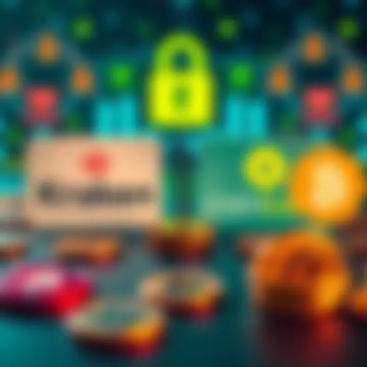 Crypto Exchange Comparison A graphic showing logos of popular crypto exchanges in the UK, focusing on Kraken and Coinbase, with security symbols and coins in the background.