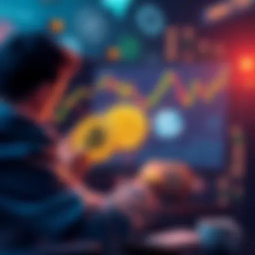 A digital illustration showing a person exchanging Bitcoin for Tether on a computer screen, with graphs and coins in the background.