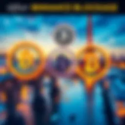 Crypto Exchanges After Binance Blockage A digital representation of various crypto exchange logos, emphasizing altcoins like XEC and DigiByte, with a backdrop of European landmarks, indicating access for French residents.