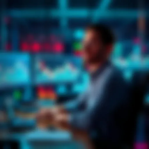 A calm crypto expert sitting at a desk with charts and graphs on a screen, reflecting on market sentiment after losing money