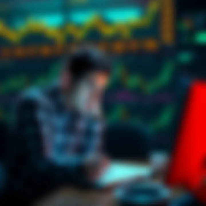 A person looking confused while reading financial advice about cryptocurrency on a laptop, with charts and graphs in the background.