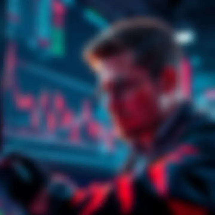 A digital representation of a worried trader looking at declining cryptocurrency charts, symbolizing fear in the market as prices approach 94k.