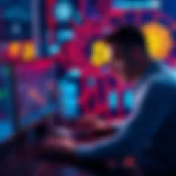 A person analyzing data on a computer with blockchain and AI graphics in the background, symbolizing the shift from Bitcoin to AI