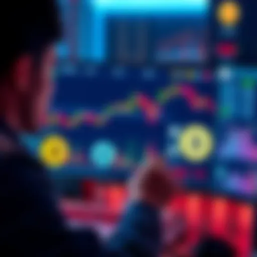 A person analyzing cryptocurrency performance on a computer screen, with logos of ETH, BTC, USDT, SOL, and DAI visible.