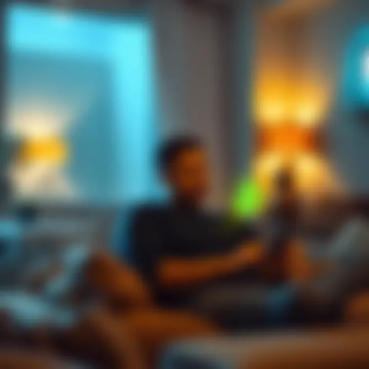 A person sitting on a couch, casually looking away from their smartphone, which displays cryptocurrency symbols. The background shows a relaxed living room environment.