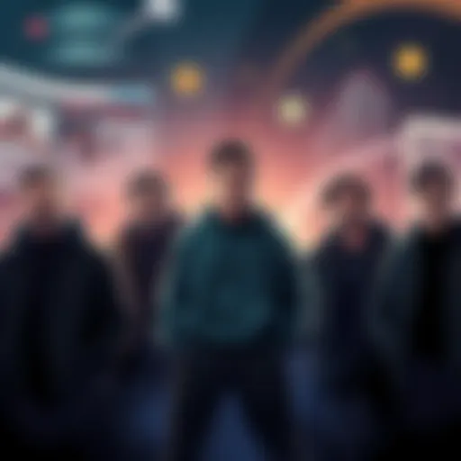 A group of crypto founders looking worried, with negative headlines and symbols of market manipulation around them, while one figure stands confidently representing integrity and innovation in the cry...