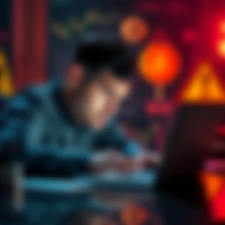 Crypto Fraud Awareness A worried investor looking at cryptocurrency charts on a laptop, symbols of fraud like a broken coin and warning signs in the background.