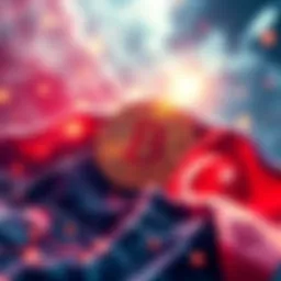 Graphic showing a surge in cryptocurrency fund inflows with an emphasis on Bitcoin and symbols of geopolitical tensions like flags or maps.