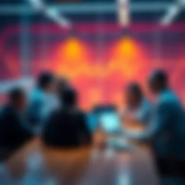 A group of people gathered around a table, discussing potential future impacts of cryptocurrency on finance and technology, with laptops and charts visible.