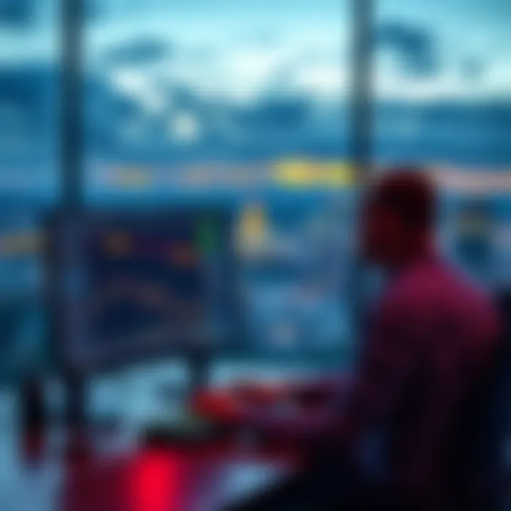 A person trading Bitcoin and Ethereum on a computer with Alberta's skyline in the background