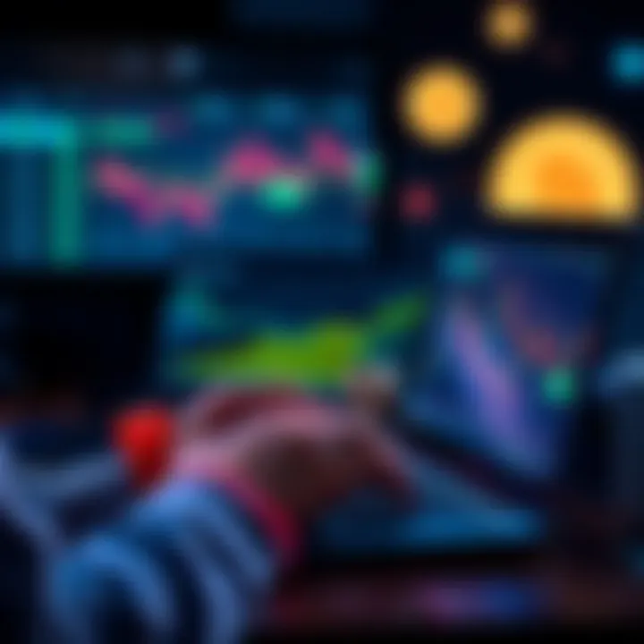 A person analyzing crypto futures graphs on a laptop, showing upward and downward trends, with currency symbols in the background.