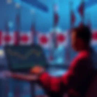 A person analyzing cryptocurrency trading charts on a laptop, with Canadian flags in the background.